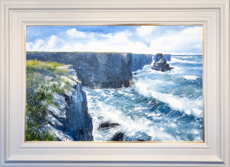 Mark Eldred Magnificent Loop Head WAW Ireland Cliff Coast original art oil painting oil on canvas striking art large art five foot wide framed piece of art Ireland Atlantic Ocean Ireland