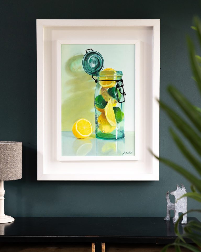 Diana Marshall Half on the Top still life fine art oil painting lemons killner jar kitchen dining room beautiful glass art painting striking work Irish interiors stunning kilbaha galllery packed full