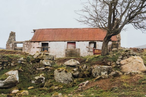 Hillside Cottage Fine Art photography Derek Saville Beautiful landscape Ireland Trees Cottage old ruin full of charm tin roof beautiful piece framed Irish art and Interiors Kilbaha Gallery