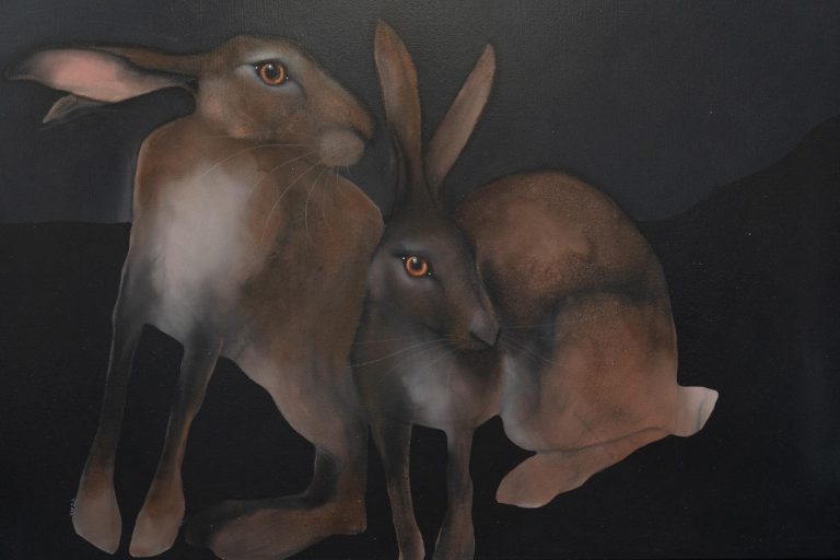 Heidi Wickham Two Hares Irish art Original Irish art acrylic painting animals art animal art beautiful piece contemporary spaces homes hares Kilbaha Gallery