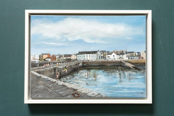 the cappa pier Kilrush swimming children jumping off pier village town seaside beautiful seascape in oils original oil painting framed work Irish art original Irish art Kilbaha Gallery Loop Head Wild Atlantic Way the ocean the turbulent seas seascape beautiful painting interiors D