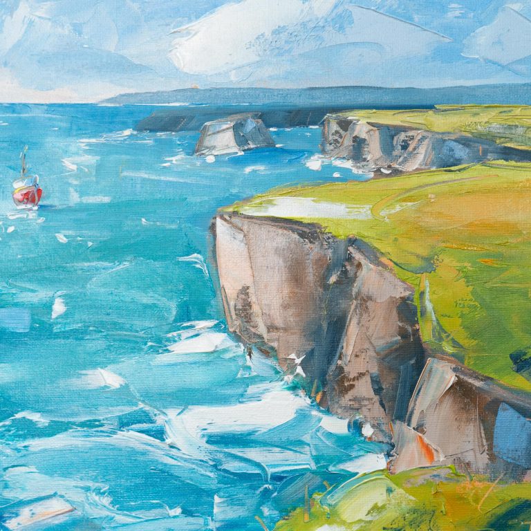 David Coyne wild atlantic way beautiful seascape cliff view oil painting oil on canvas Interiors contemporary art blue sea headland cliffs coastline fishing original Irish art