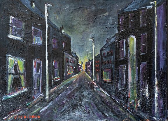 Paul McMahon original Irish art oil painting darkness nightime beautiful colourful dark colour palette street at night kilbaha gallery Interiors art and interiors Irish homes modern art collections gift expressionism