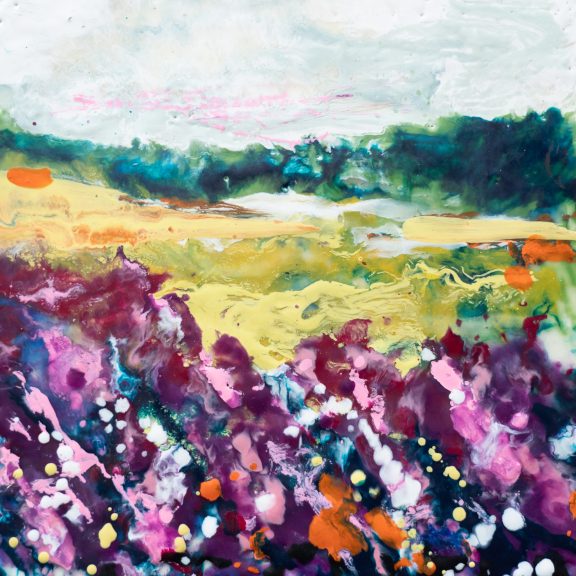 Pauline Dunleavy Encaustic beautiful painting original Irish art pigmented wax pinks yellows landscape flowers art Ireland