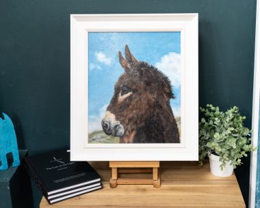 Rebekah van Kan Donkey beautiful oil painting blue skies brown donkey Irish art original art Interiors animals Kilbaha Gallery painting