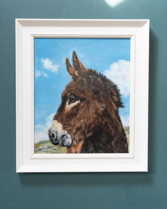 Rebekah van Kan Donkey beautiful oil painting blue skies brown donkey Irish art original art Interiors animals Kilbaha Gallery painting