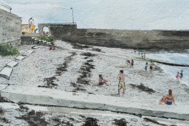 The artist known as D, West Clare artist, Behind the Pier, Coastal, swimming, Cappa, Kilbaha Gallery Ireland Irish art original watercolour painting