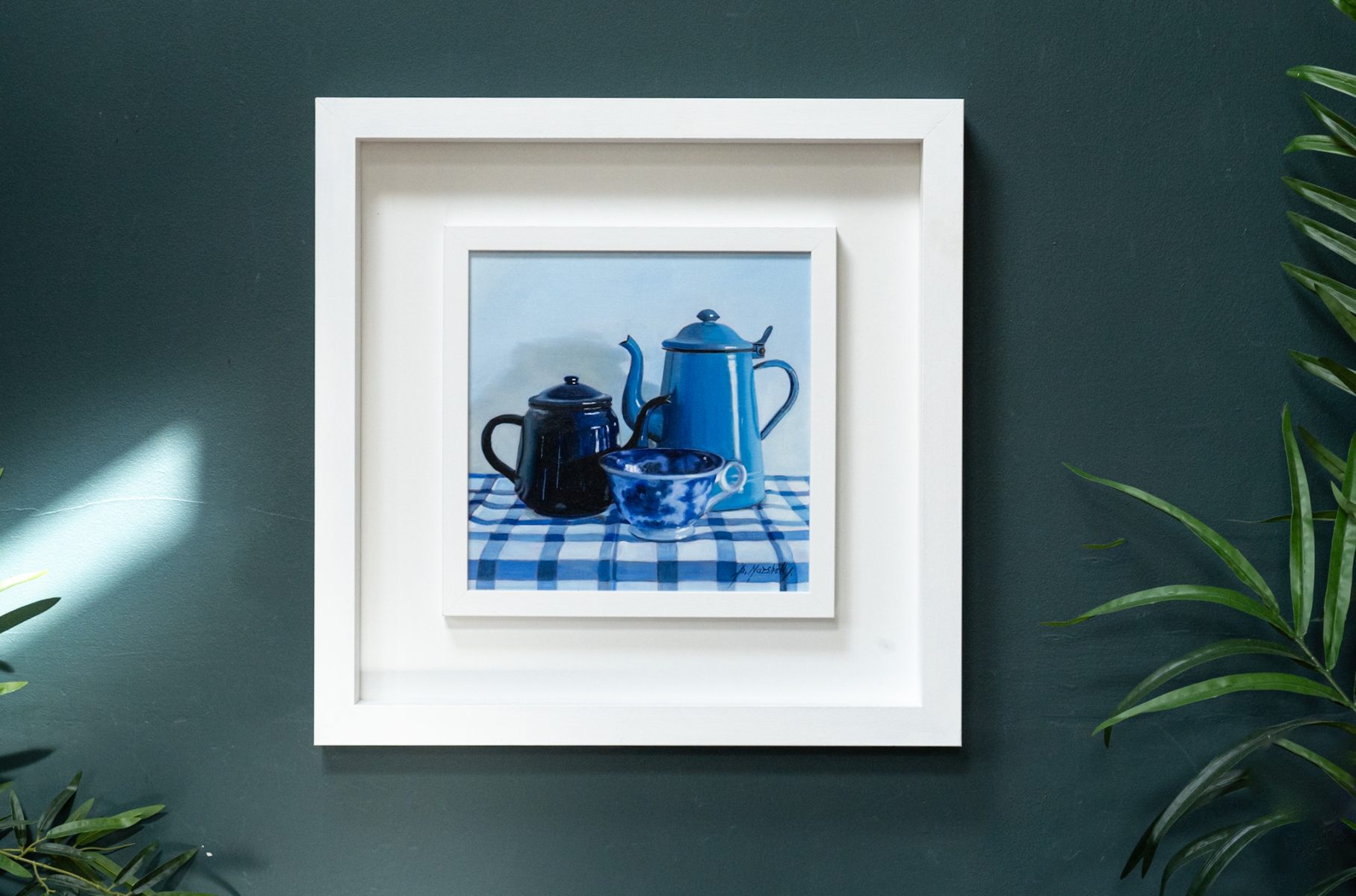 Diana Marshall still life blues tea pots coffee pot beautiful piece cup china cut tablecloth gorgeous colours Irish Interiors Ireland original painting Kilbaha Gallery