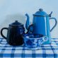 Diana Marshall still life blues tea pots coffee pot beautiful piece cup china cut tablecloth gorgeous colours Irish Interiors Ireland original painting Kilbaha Gallery