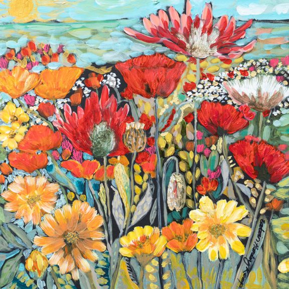 Eadaoin Harding Kemp Wildflowers beautiful original Irish art red and yellow flowers gorgeous colours Irish Interiors Ireland original painting Kilbaha Gallery