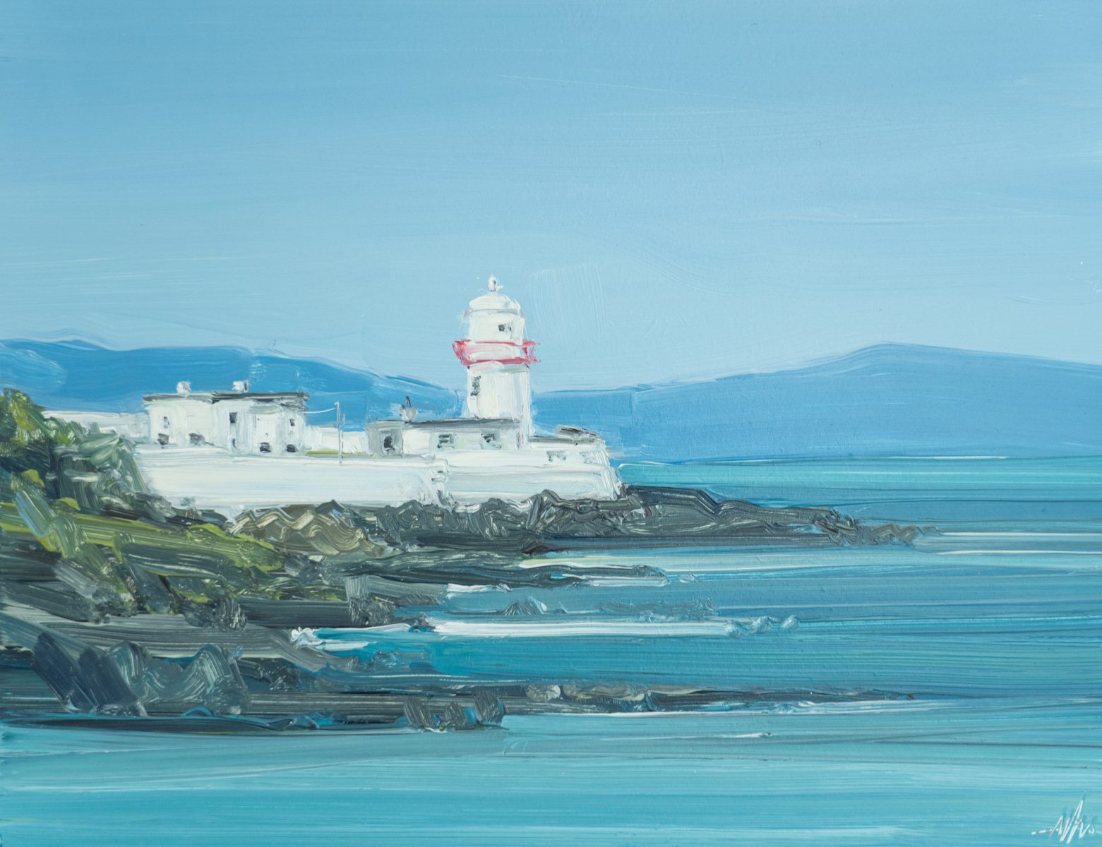 Kaye Maahs Ireland West of Ireland beach original Irish art Wild Atlantic Way beach scene beautiful sandy beach Kerry mountains Ireland seascape Interior Design Irish art teals blues sky sand mountains Valentia Lighthouse