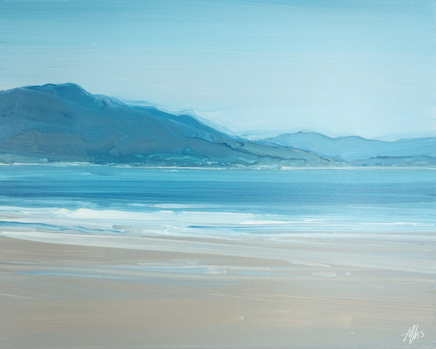 Kaye Maahs Ireland West of Ireland beach original Irish art Wild Atlantic Way beach scene beautiful sandy beach Kerry mountains Ireland seascape Interior Design Irish art teals blues sky sand mountains