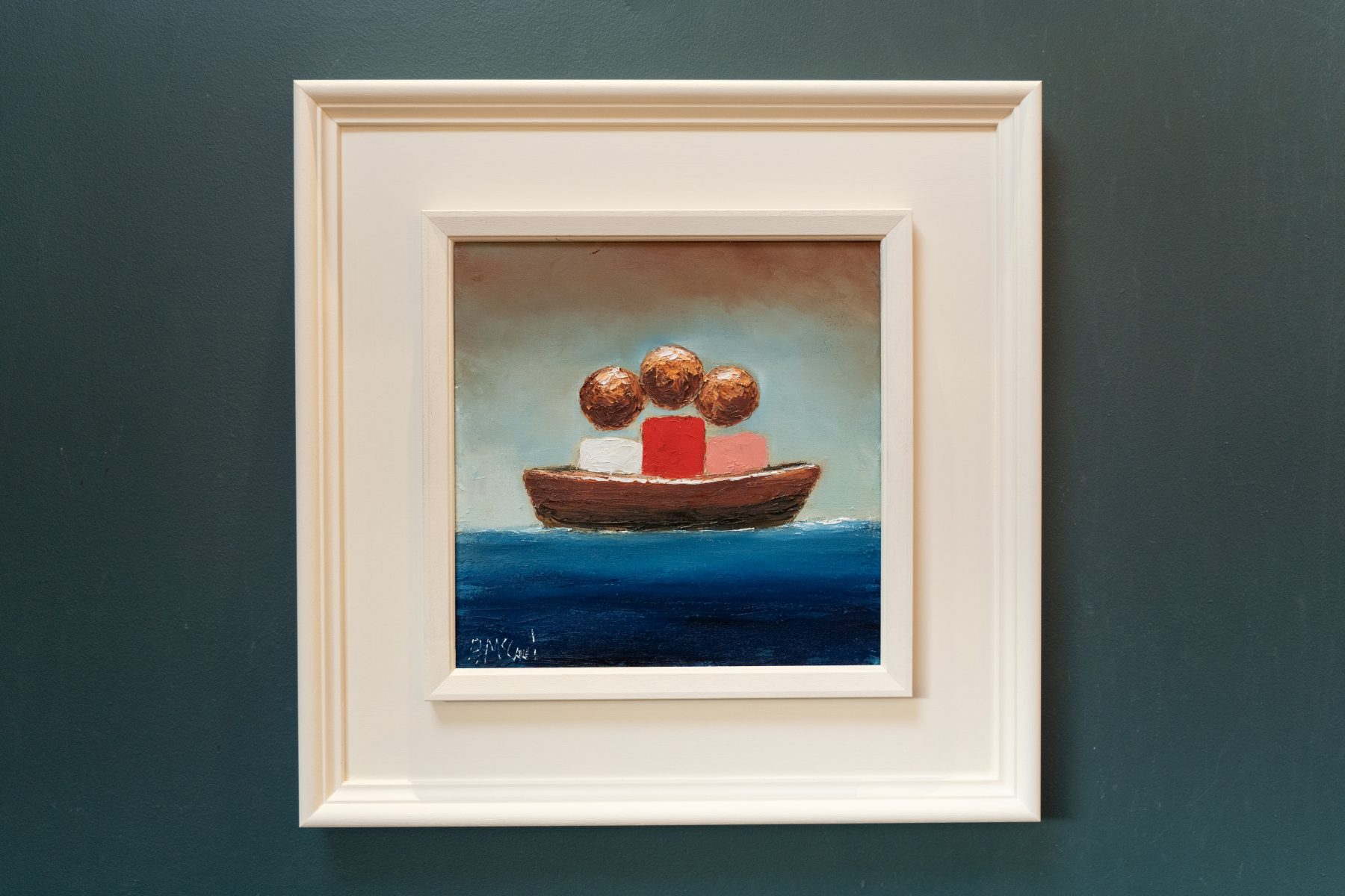 Padraig McCaul The Navigator beautiful oil painting original Irish art contemporary artist West of Ireland family of three family in a boat Irish Interiors Ireland Kilbaha Gallery