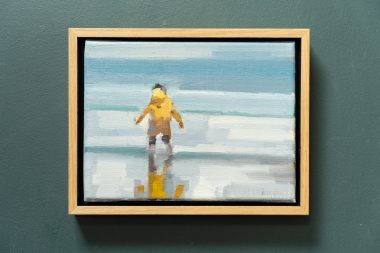 oil on canvas original by Bairbre Duggan Contemporary Irish Artist Ireland skyscape small miniature painting beautiful sea yellow raincoat